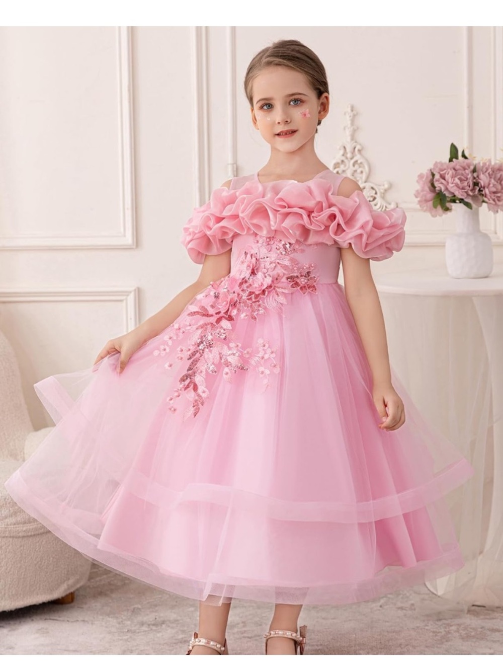 Pink Floral Ruffle Tulle Party Dress